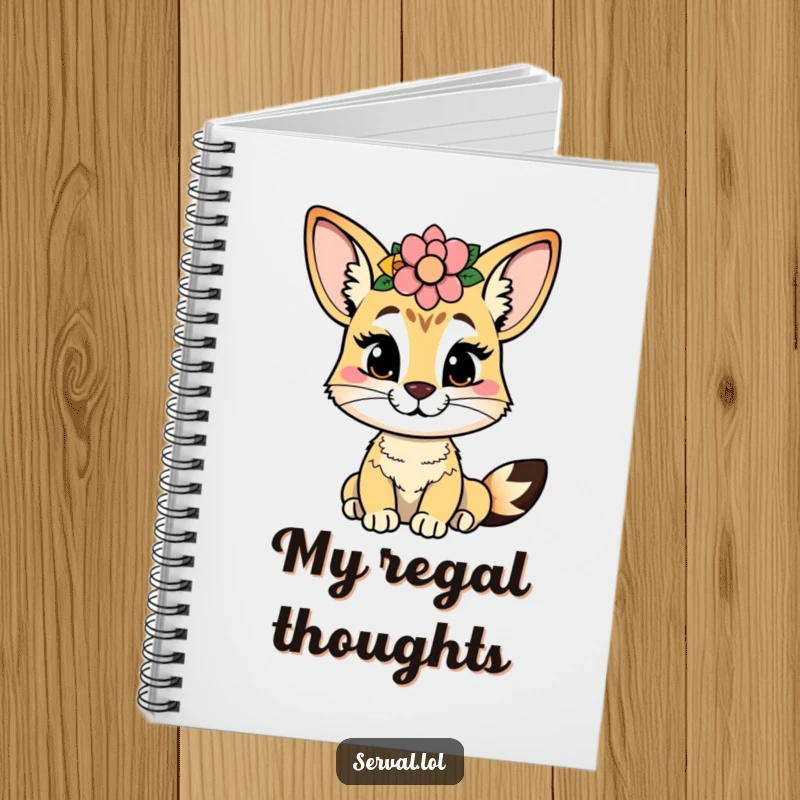 Funny serval notebook featuring a cheeky serval wearing a flower crown, perfect for writing and creative planning.