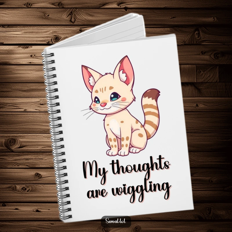 Funny notebook featuring a serval doing a silly tail wiggle, ideal for note-taking with playful feline charm.