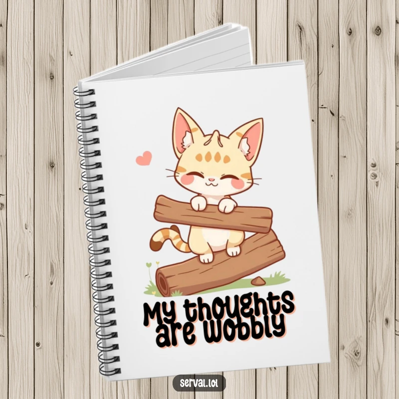 Funny notebook with a winking serval cat balancing on a log, designed for capturing clever thoughts and notes.