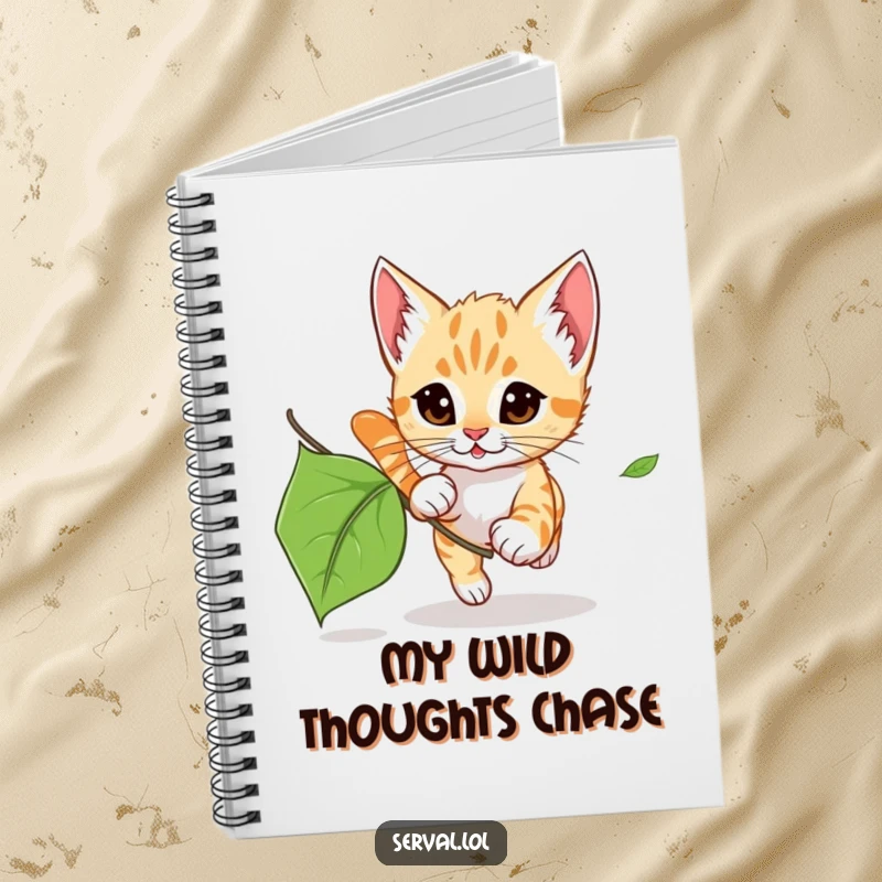 Funny Serval Kitten Leaf Chase Notebook: A notebook cover with a serval kitten playfully chasing a leaf, ready for notes.