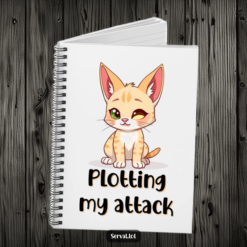 Funny notebook featuring a serval cat in a playful, ready-to-spring crouch, perfect for capturing wild ideas and notes.