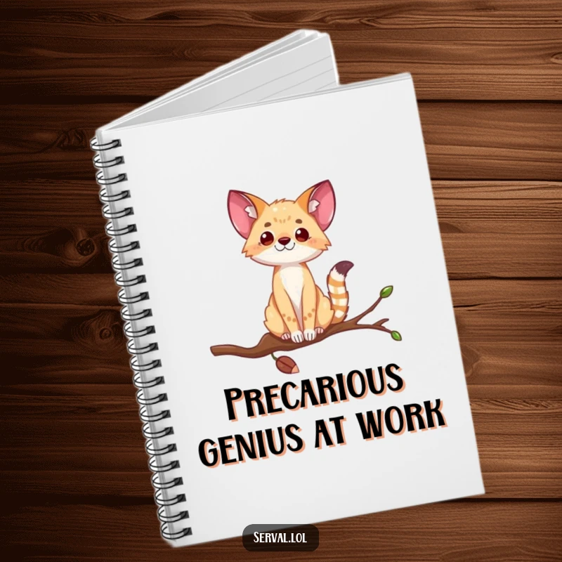 Funny serval notebook cover with a wild cat balancing on a thin branch, inspiring creative and humorous note-taking.