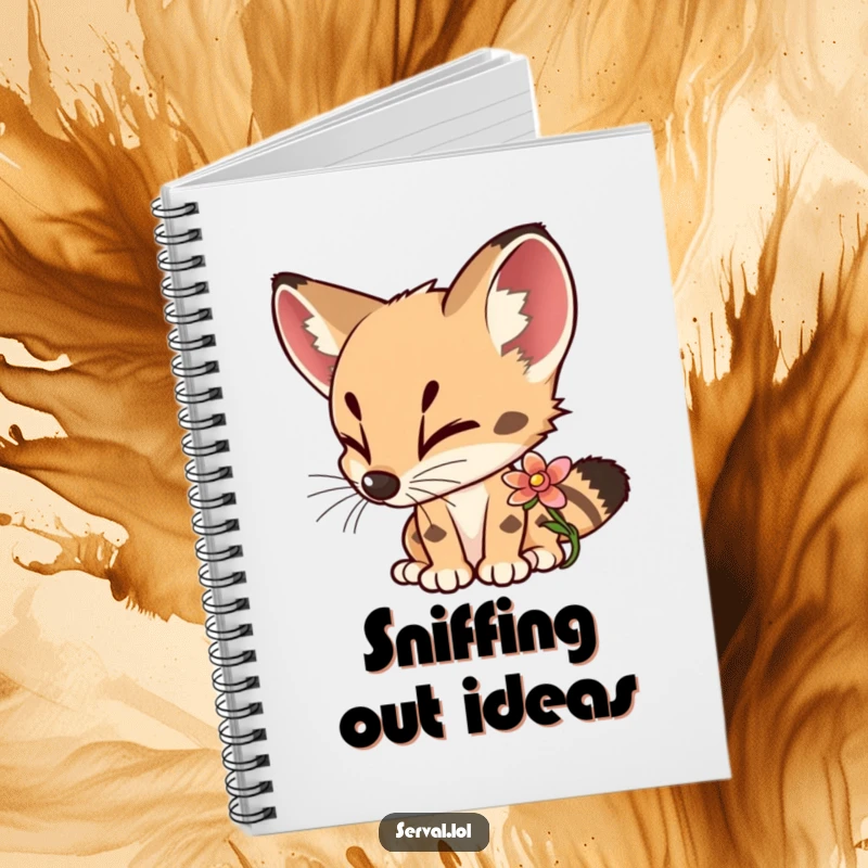 Funny Serval Notebook featuring a curious serval delightedly sniffing a colorful flower, perfect for capturing ideas.