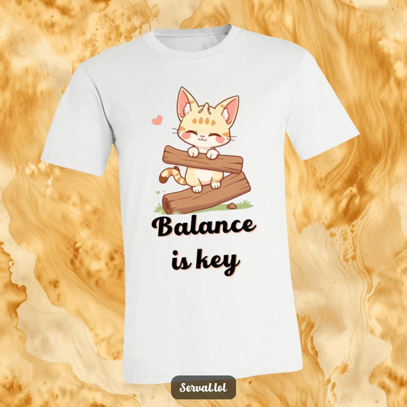 Funny T-shirt with a winking serval cat balancing expertly on a log, showcasing quirky confidence and charm.
