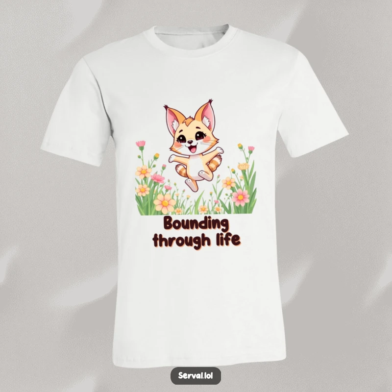 Funny kawaii serval cat joyfully bounding through tall flowers, printed on a soft t-shirt.