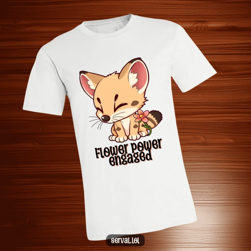 Funny Serval T-Shirt featuring a curious serval sniffing a colorful flower with delight, expressing a love for nature.