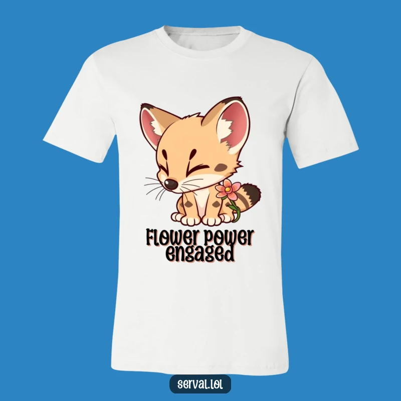 Funny Serval Flower Sniffing T-Shirt: Curious Delightful Cat Tee, Perfect Funny Gift
