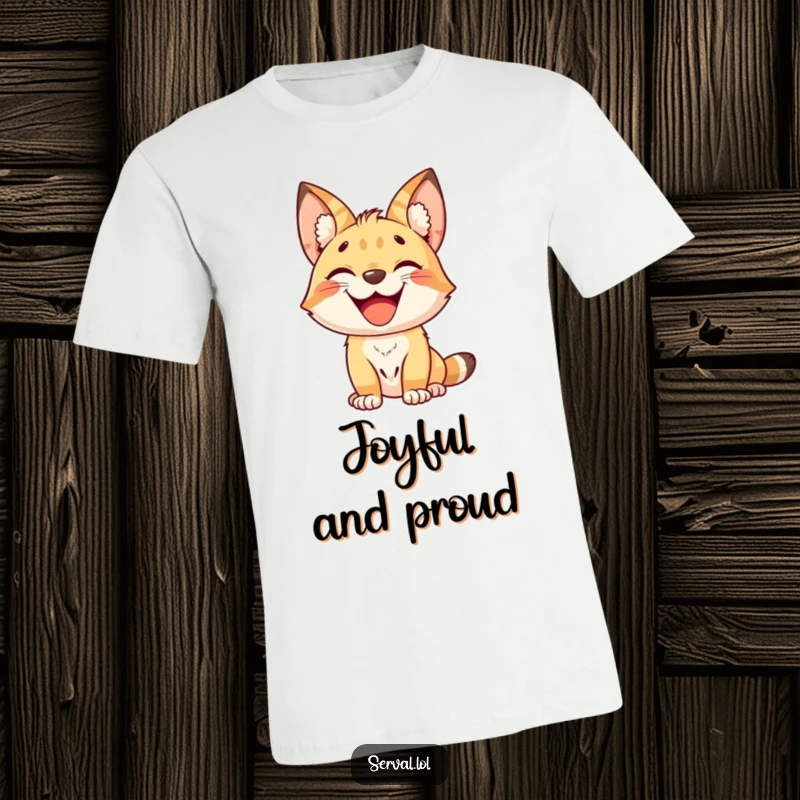 Funny kawaii serval cat showing a big joyful grin, cute jungle animal graphic tee, a funny gift.