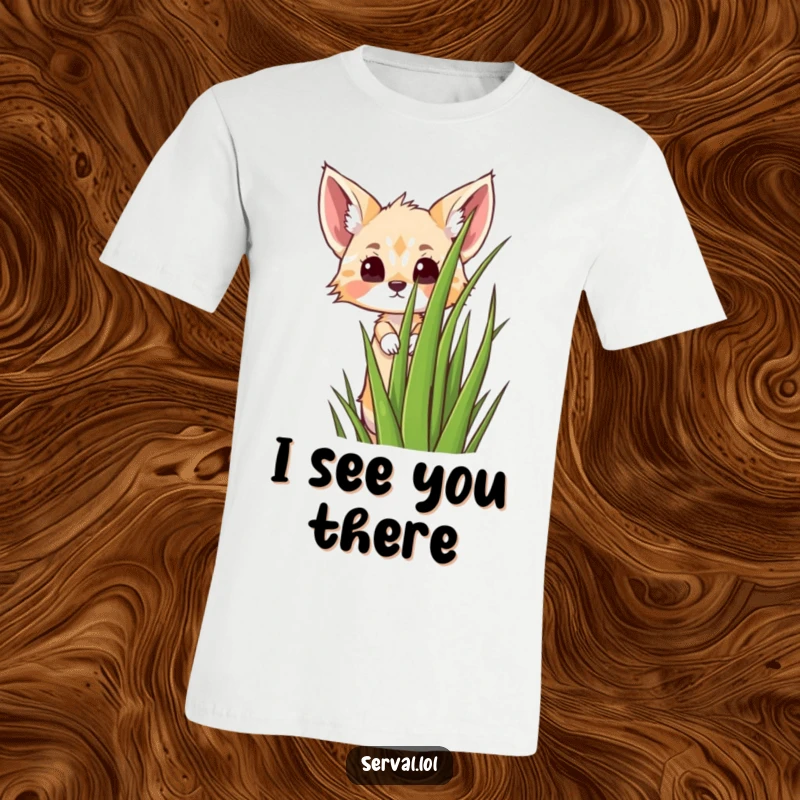 Funny kawaii serval cat peeking playfully over tall grass, super cute jungle animal graphic tee, a funny gift.