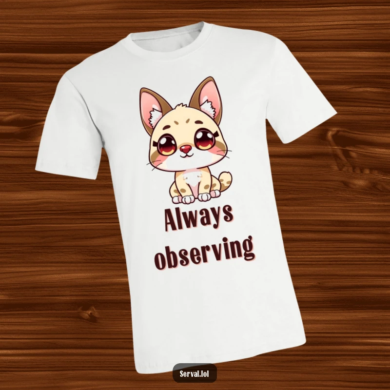 Funny kawaii serval character with large, curious eyes looking upwards, printed on a soft t-shirt.