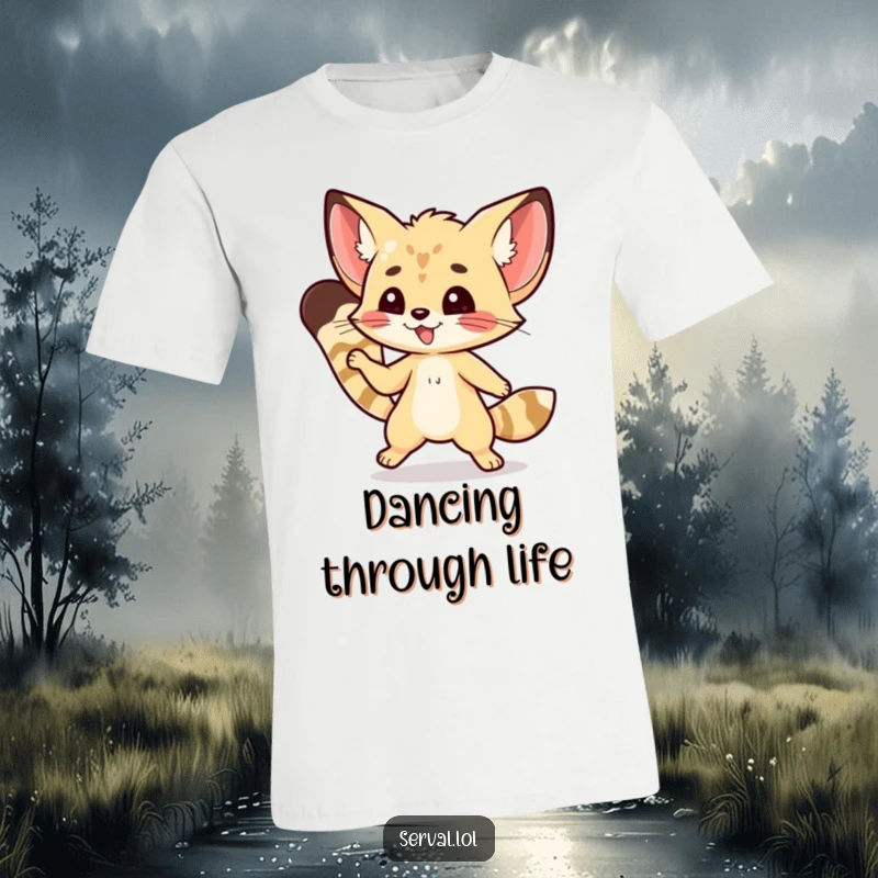 Funny kawaii serval character performing a nimble dance step with grace and charm on a comfortable t-shirt.