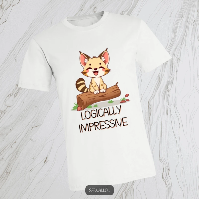 Funny Serval T-Shirt: A delighted serval balances with pride on a small log, showcasing confidence and joy.