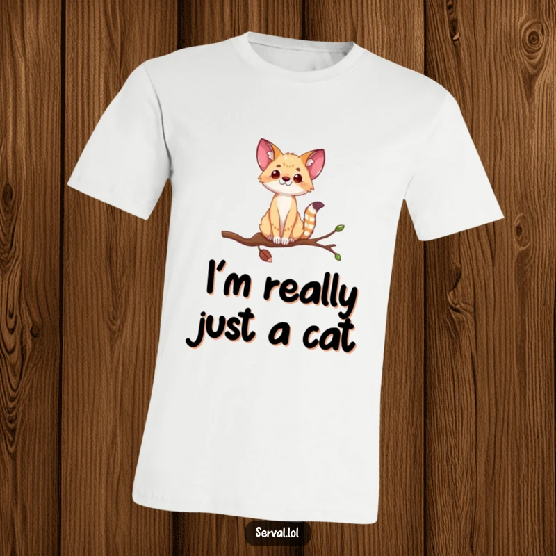 Funny serval t-shirt depicting a graceful wild cat balancing on a skinny branch, showcasing its hilarious agility and wild spirit.