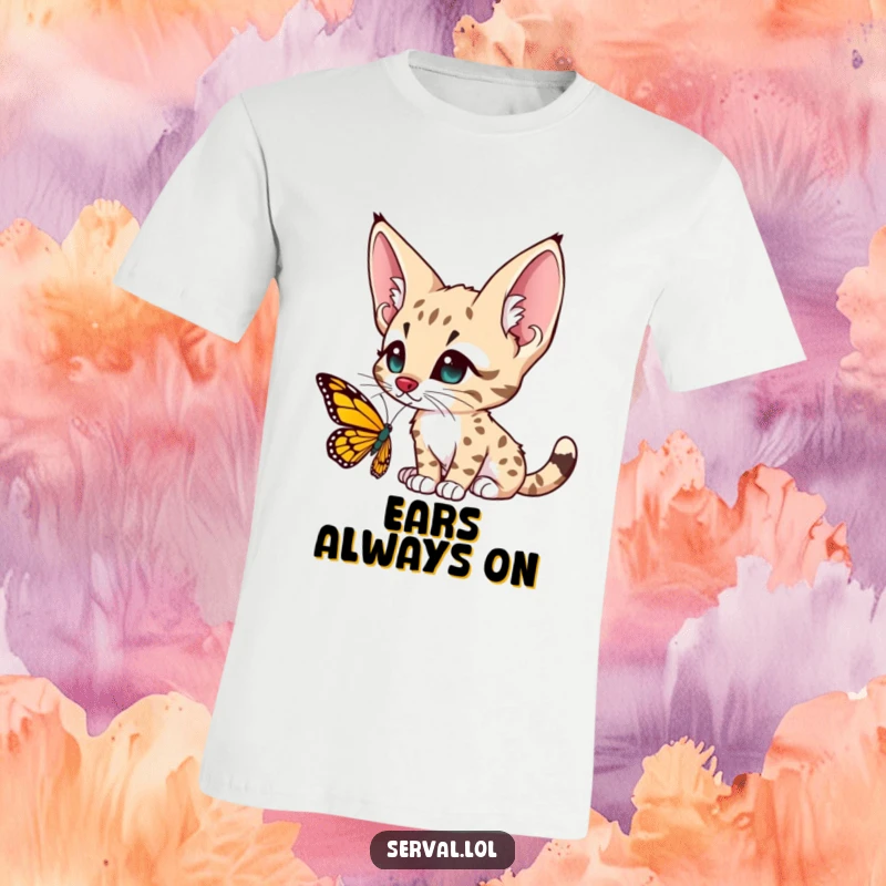 Funny serval character t-shirt, large ears perked, gazing with wide-eyed curiosity at a delicate butterfly, embodying gentle fascination.