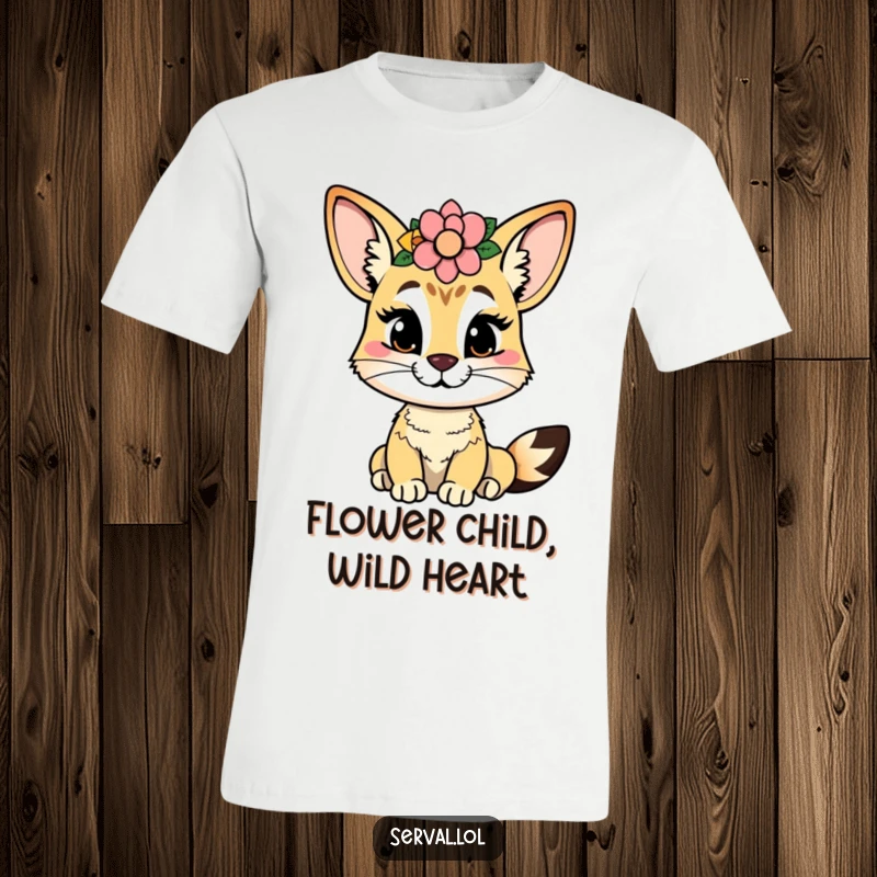 Funny serval t-shirt with a cheeky serval wearing a beautiful flower crown, radiating playful and stylish vibes.