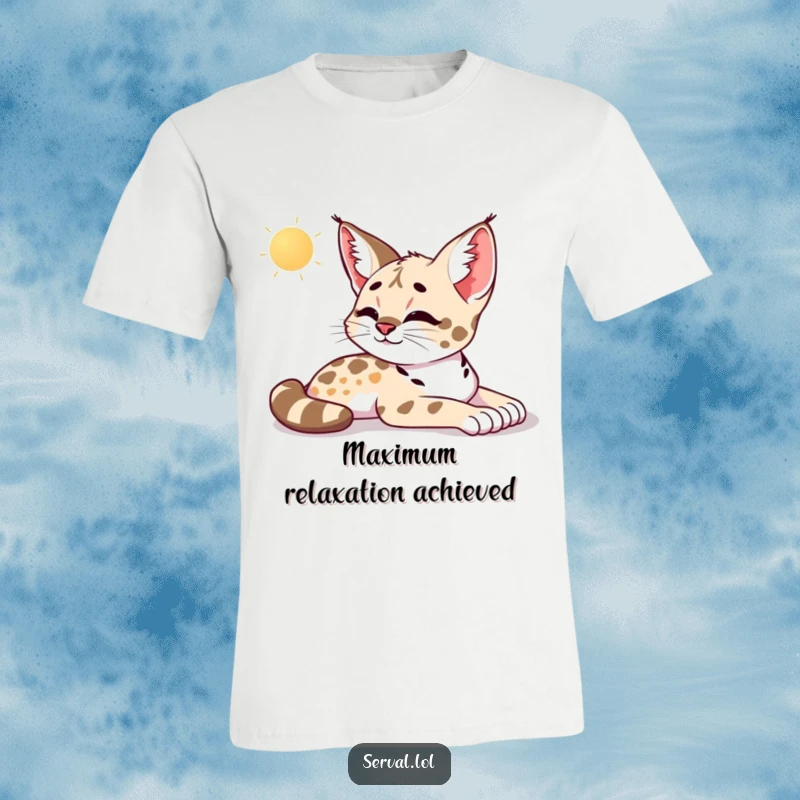 Funny serval t-shirt capturing a serval luxuriating in the morning sun, stretching out with a deep, contented sigh of pure relaxation.