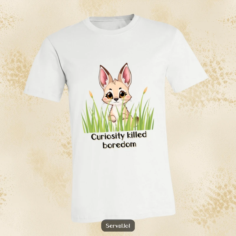Funny Serval Peek T-Shirt: A serval with wide, curious eyes subtly peeking from concealment in tall grass.