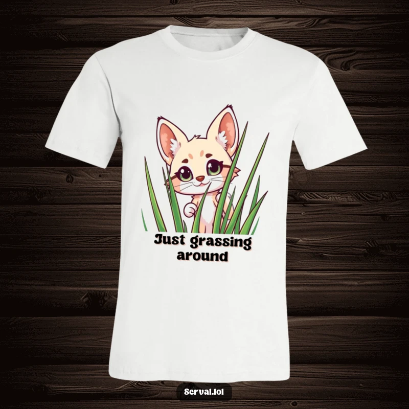 Funny Serval T-Shirt: A joyful serval character peeking curiously from behind tall grass, showcasing its adorable wide eyes.