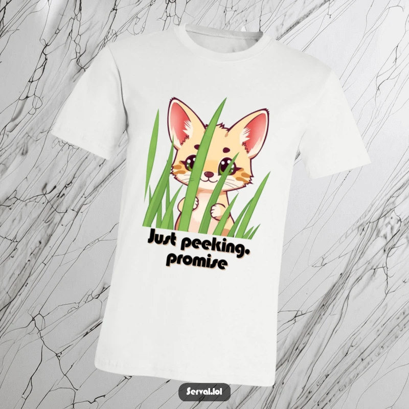 Funny Serval T-Shirt with a cheerful serval character peeking wide-eyed from behind grass, conveying playful curiosity and adorableness.