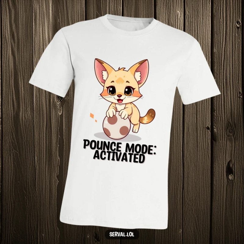 Funny serval t-shirt illustrating a cat's comical pounce on a rolling ball, perfect for active and playful personalities.