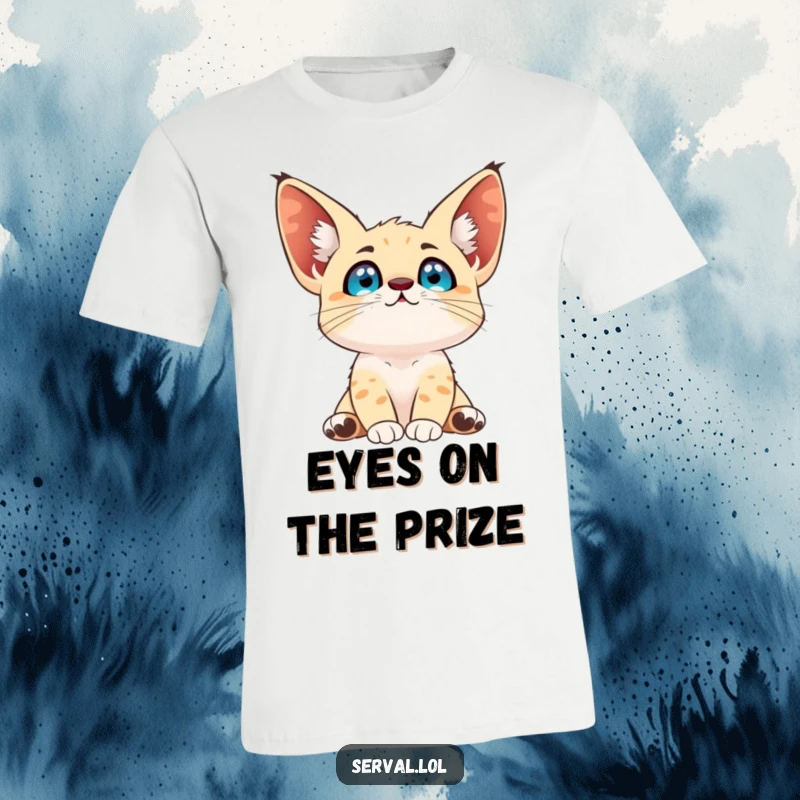 Funny serval t-shirt featuring a serval with bright, wide eyes looking up at the sky, embodying curiosity and wonder.