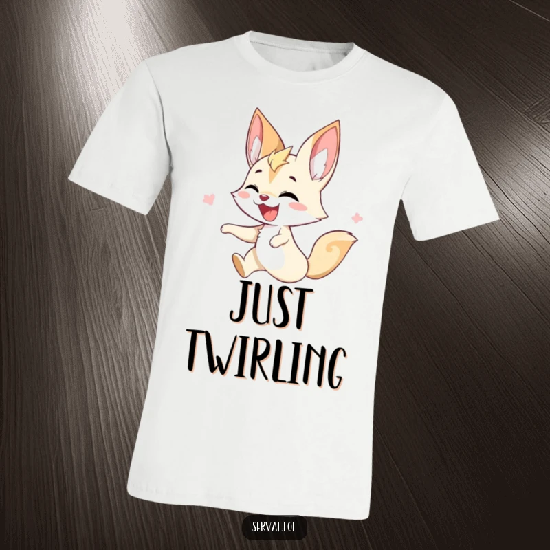 Funny serval t-shirt featuring a serval joyfully twirling, capturing a moment of pure, unadulterated fun.