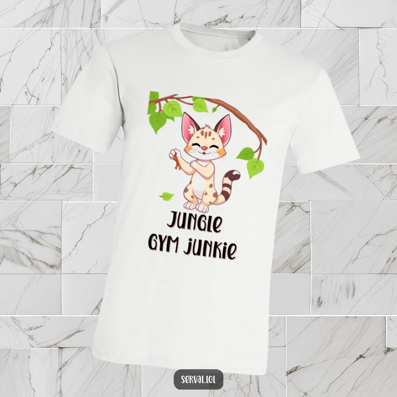 Funny serval t-shirt featuring a cute serval character playfully swatting at a jungle vine, full of life.