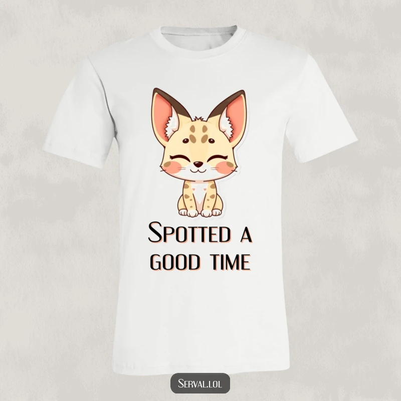 Funny serval t-shirt featuring a serval character giving a wink, highlighting its distinctive spotted ears.