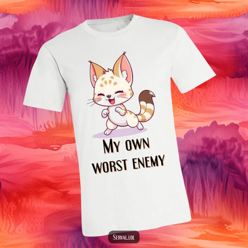Funny Serval T-Shirt: A playful serval character caught in a silly chase, trying to grab its own tail.
