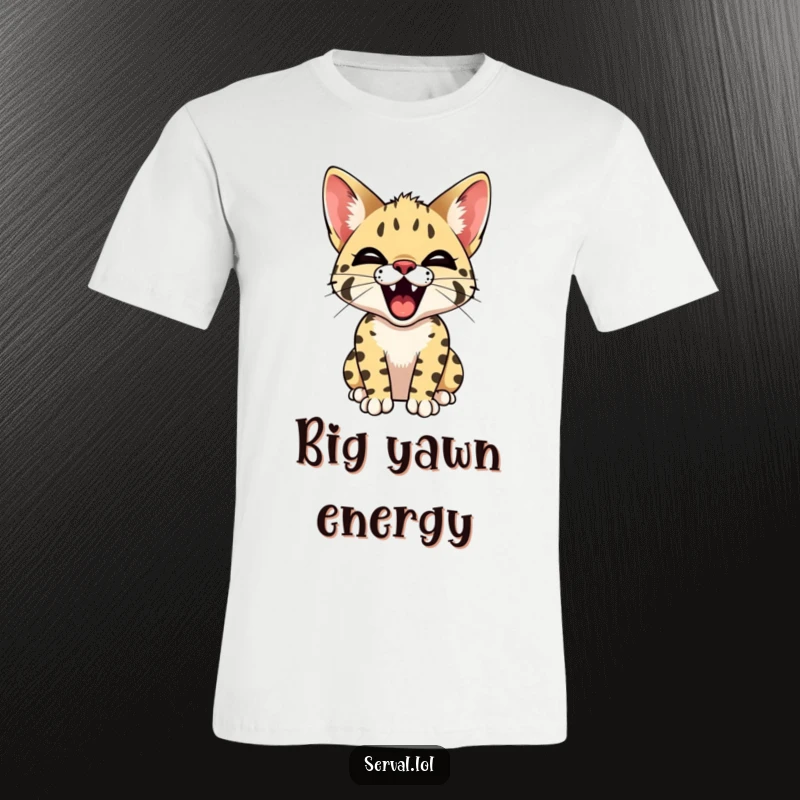 Funny Serval Yawn T-Shirt. A cute serval cat is captured mid-yawn, showcasing its tiny teeth in a moment of pure, sleepy, humorous charm.