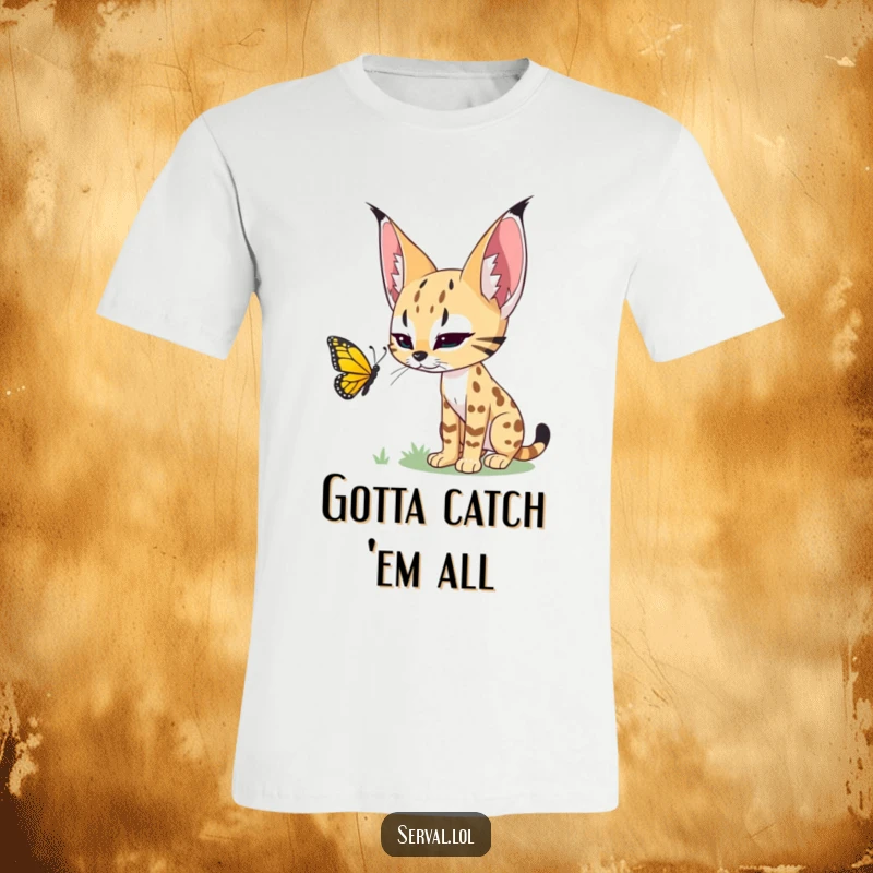 Funny t-shirt depicting a serval stealthily stalking a vibrant butterfly, capturing a moment of focused feline humor.