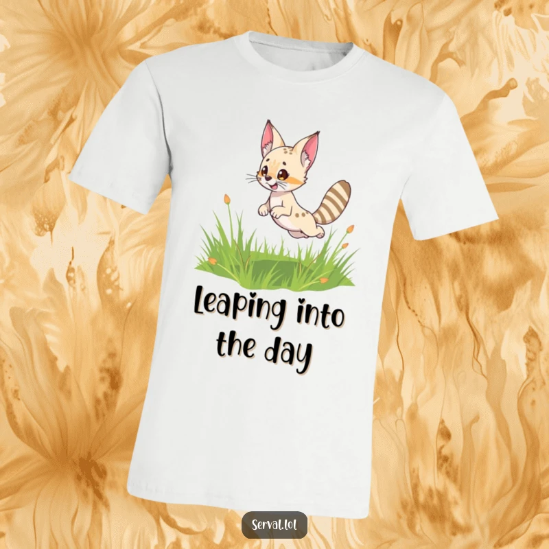 Funny Serval T-Shirt: A cute serval character leaping playfully in a grassy field with its ears perked, exuding joy.