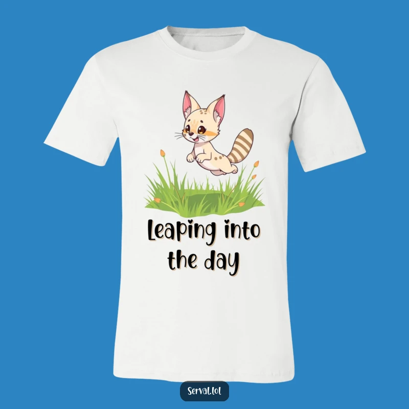 Funny Serval Leap T-Shirt: Playful Cat Character Tee