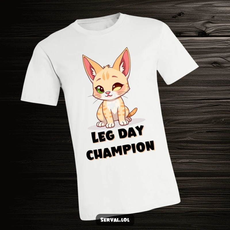 Funny T-shirt with a serval cat in a playful, ready-to-spring crouch, showcasing its wild and energetic personality.