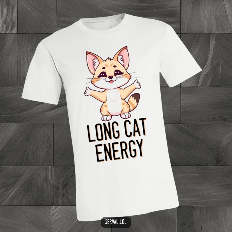 Funny serval stretching t-shirt, a contented cat leisurely extending its body, ideal for comfort and humor lovers.