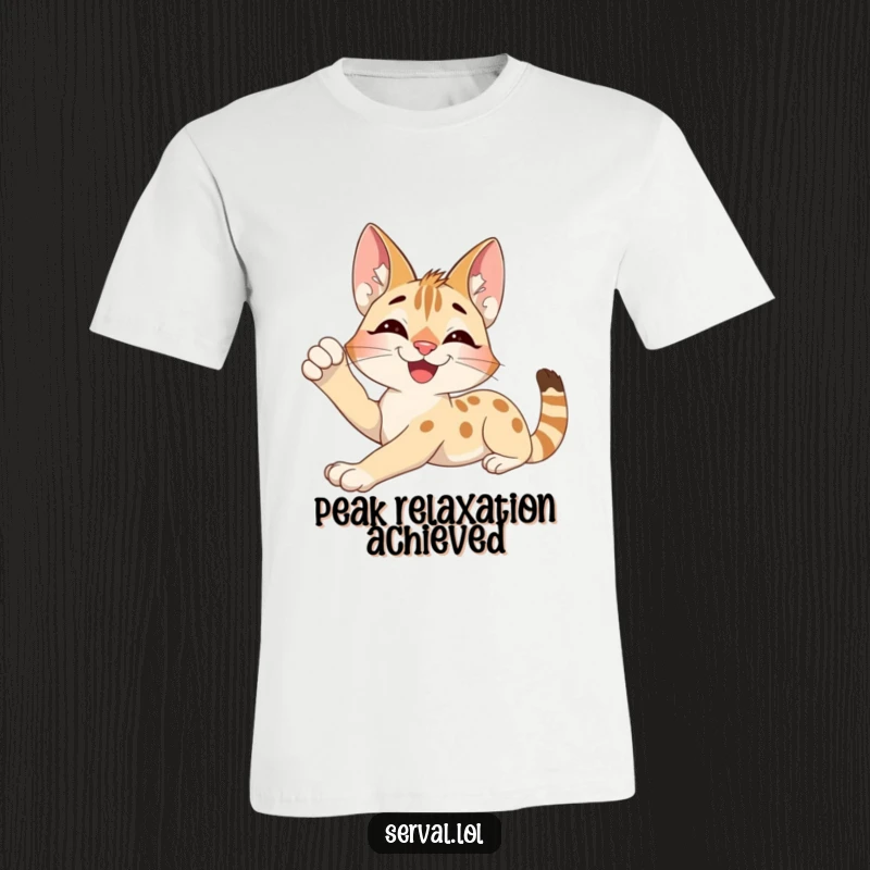 Funny Serval T-Shirt: An excited serval character stretching lazily with a contented smile, printed on a comfortable tee.