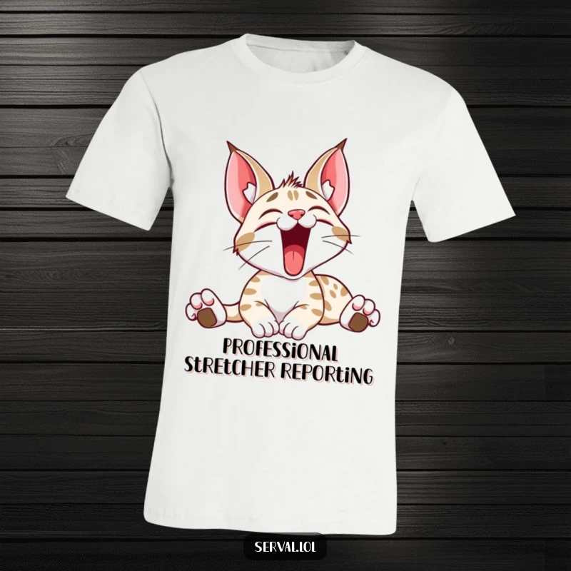 Funny T-shirt with a serval cat in a wide, joyful stretch and yawn, expressing pure feline contentment and playful energy.