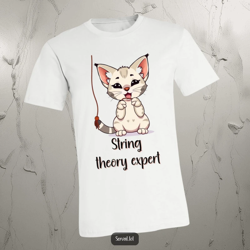 Funny serval t-shirt showcasing an energetic serval playfully batting at a dangling string with its paws, making it a funny gift.