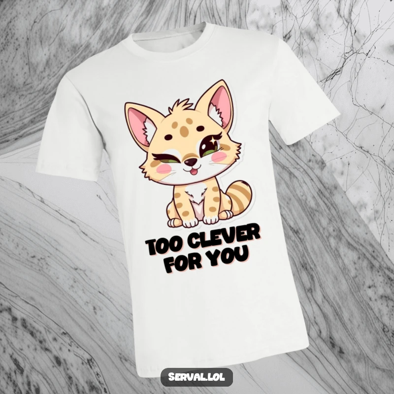 Funny kawaii serval character giving a sly wink, with a sparkling, mischievous glint in its eyes. Hilarious design. Gift.