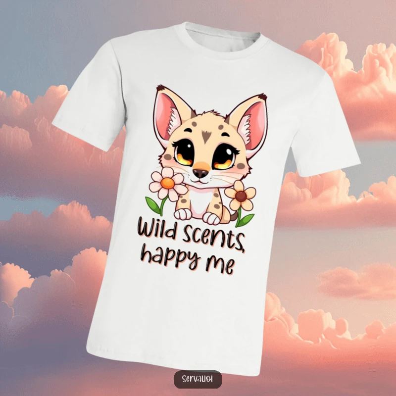 Funny serval t-shirt showing a wide-eyed cat intently sniffing a beautiful flower, highlighting curiosity and nature.