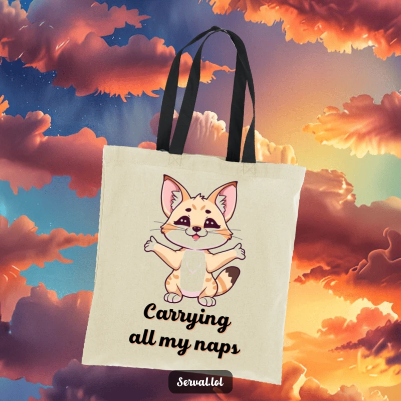 Funny serval stretching tote bag, a content serval cat extending its body, perfect for shopping and carrying funny gifts.