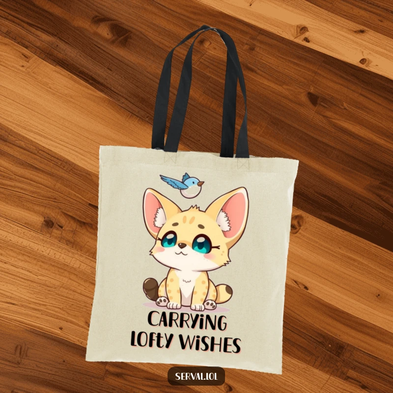 Funny Serval Tote Bag: A small serval looks up with adoring eyes at a hovering bird, a charming accessory for enthusiasts.