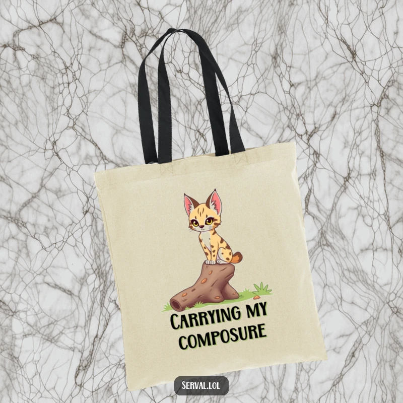 Funny serval tote bag with a serval exhibiting a focused gaze while delicately balancing on a fallen log, a symbol of agility.
