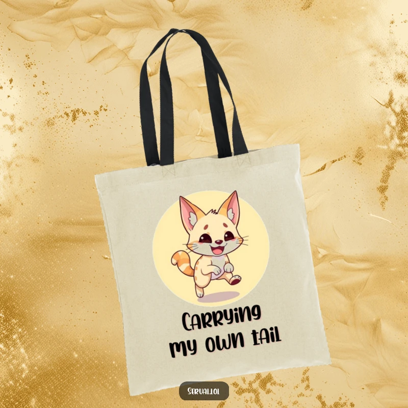 Funny serval tote bag featuring a wide-grinned serval energetically chasing its tail, a symbol of playful, uninhibited fun.