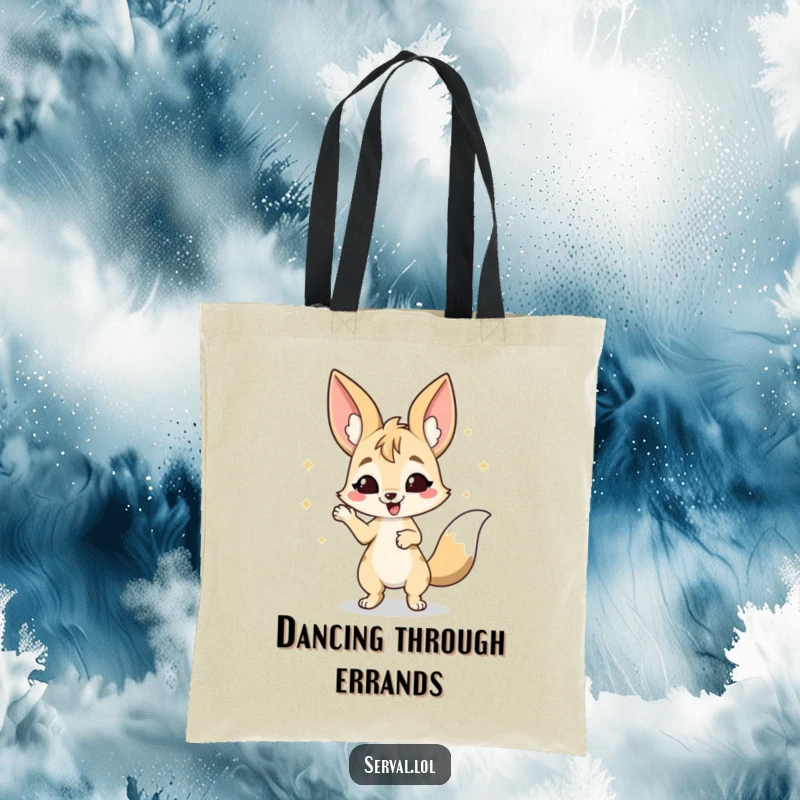 Funny Serval Tote Bag: A serval doing a happy wiggle dance, perfect for carrying items with a smile.