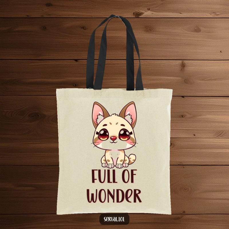 Funny kawaii serval character with large, curious eyes looking upwards, printed on a practical tote bag.