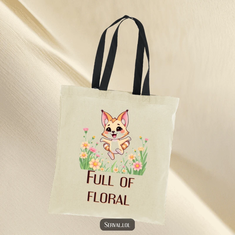 Funny kawaii serval cat joyfully bounding through tall flowers, on a cute and practical tote bag.