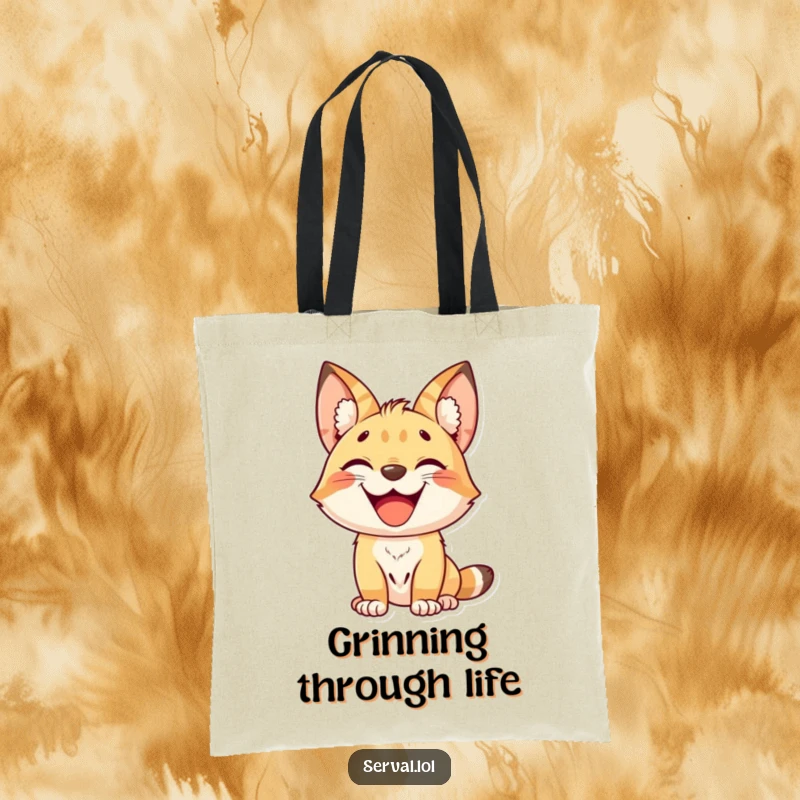 Funny kawaii serval cat with a big grin, cute jungle animal tote bag, durable and stylish accessory, a funny gift.