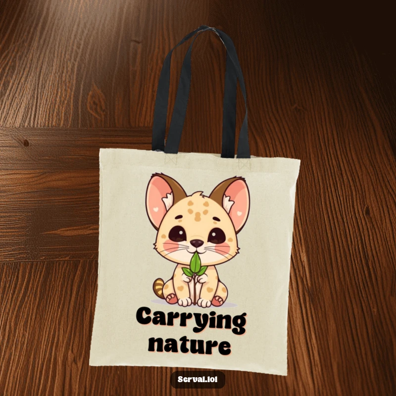 Funny kawaii serval cat balancing a leaf on its nose, on a cute and practical tote bag.