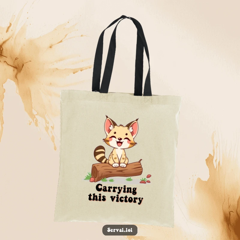 Funny Serval Tote Bag: A delighted serval balances proudly on a log, a humorous and stylish way to carry items.
